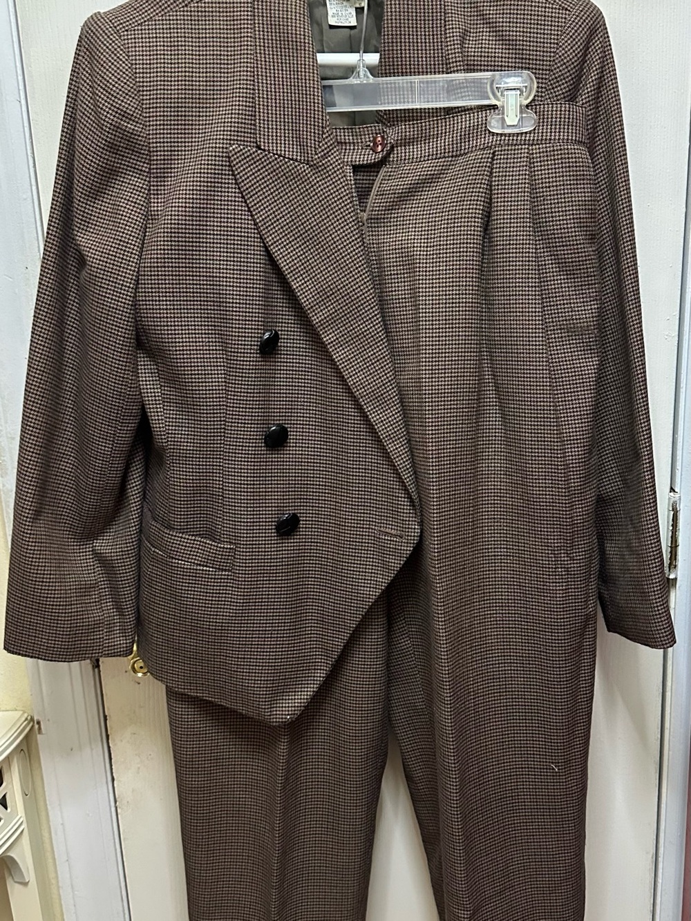 Vintage Atrium Women’s Brown Houndstooth Double Breasted Suit Petite Size 10